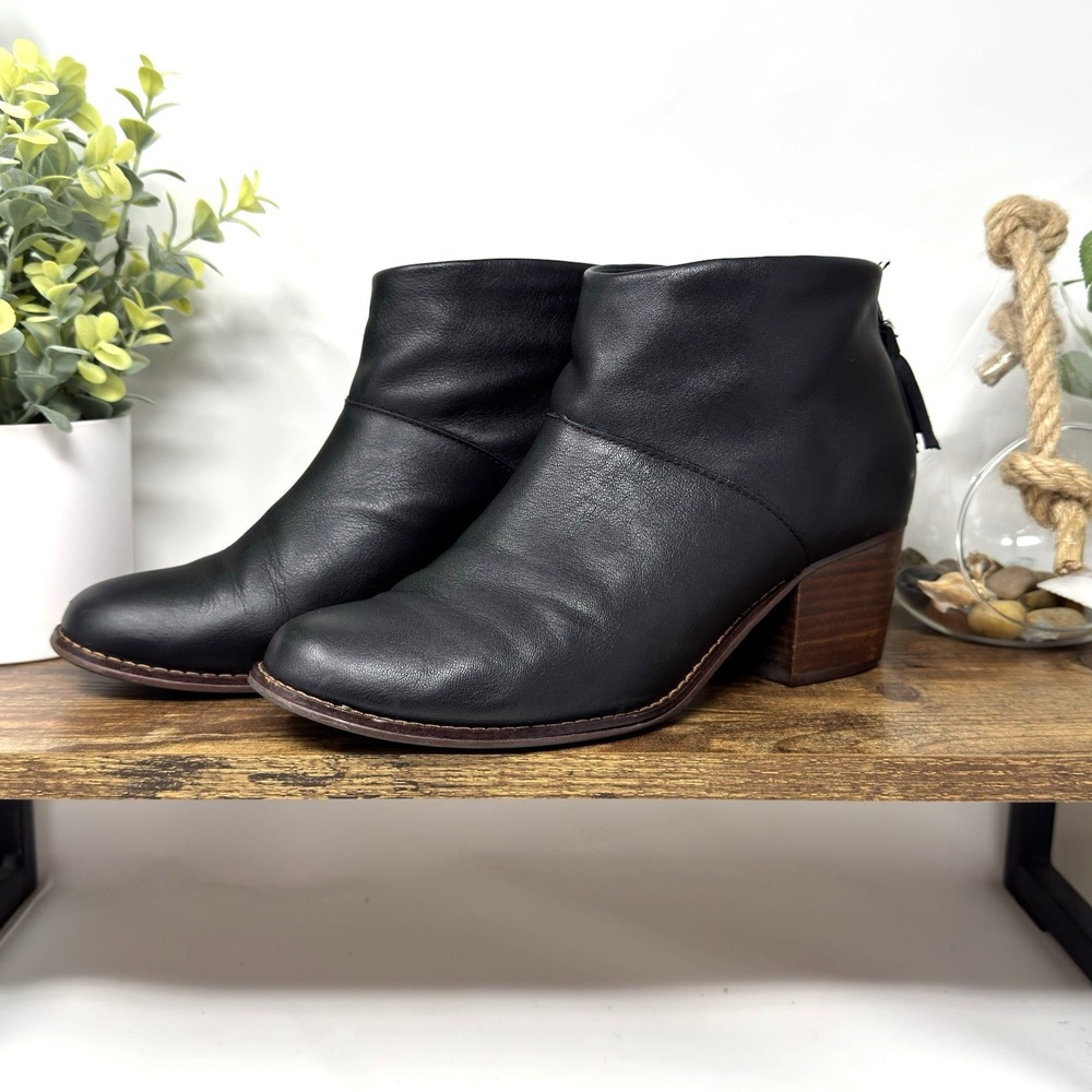 Toms Carpe Diem Ankle Boots Women's US Size 8M Black Leather Block Heel Back Zip